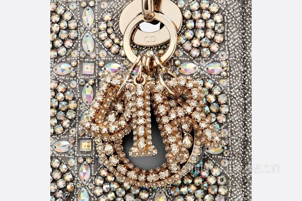 小号 Lady Dior 手袋 灰色光滑牛皮革和缎面材质珠饰刺绣