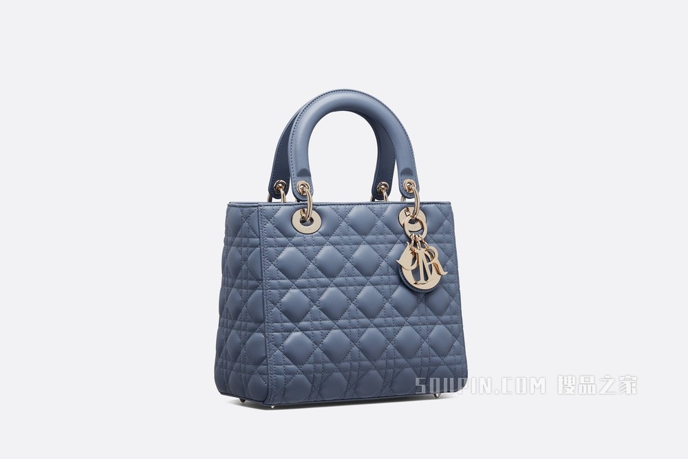中号哑光 Lady Dior 手袋 丹宁蓝色羊皮革藤格纹