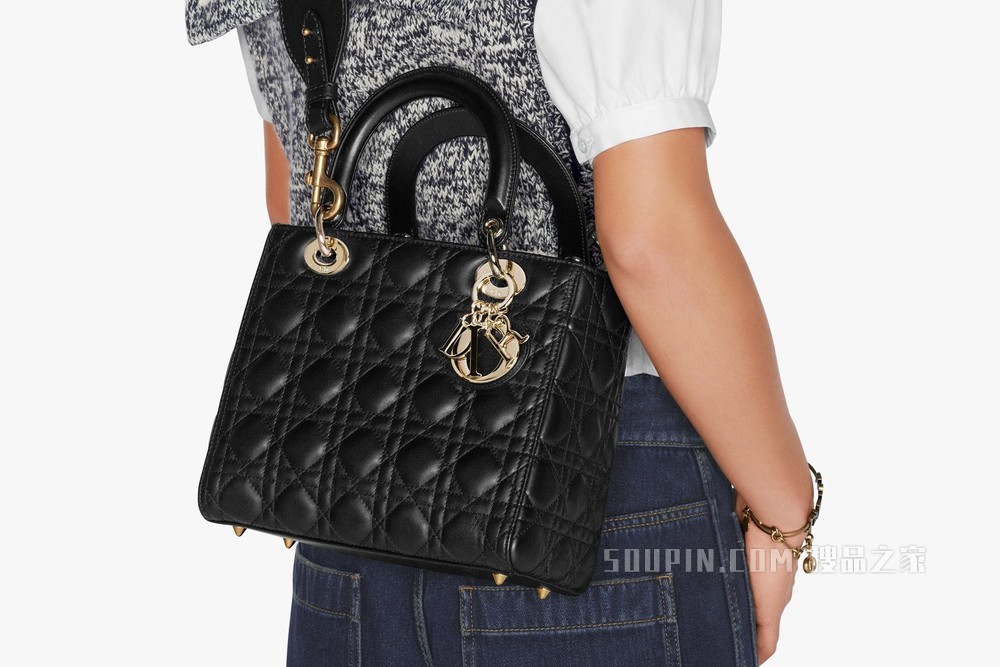 中号哑光 Lady Dior 手袋 丹宁蓝色羊皮革藤格纹