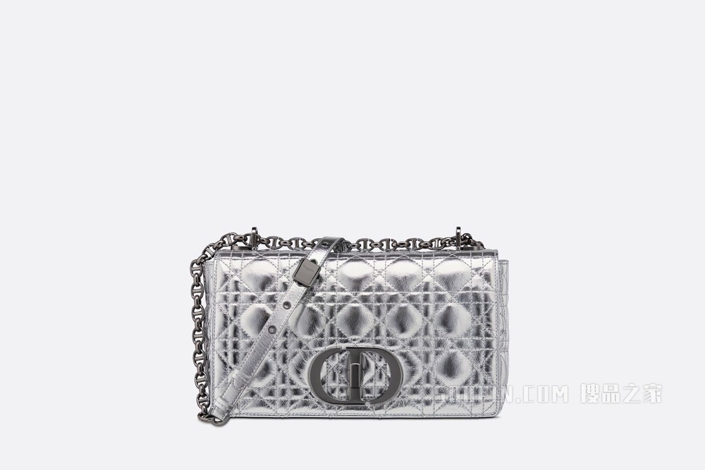 中号 Dior Caro 手袋 银色调褶皱金属光泽牛皮革 Dior Spatial 图案