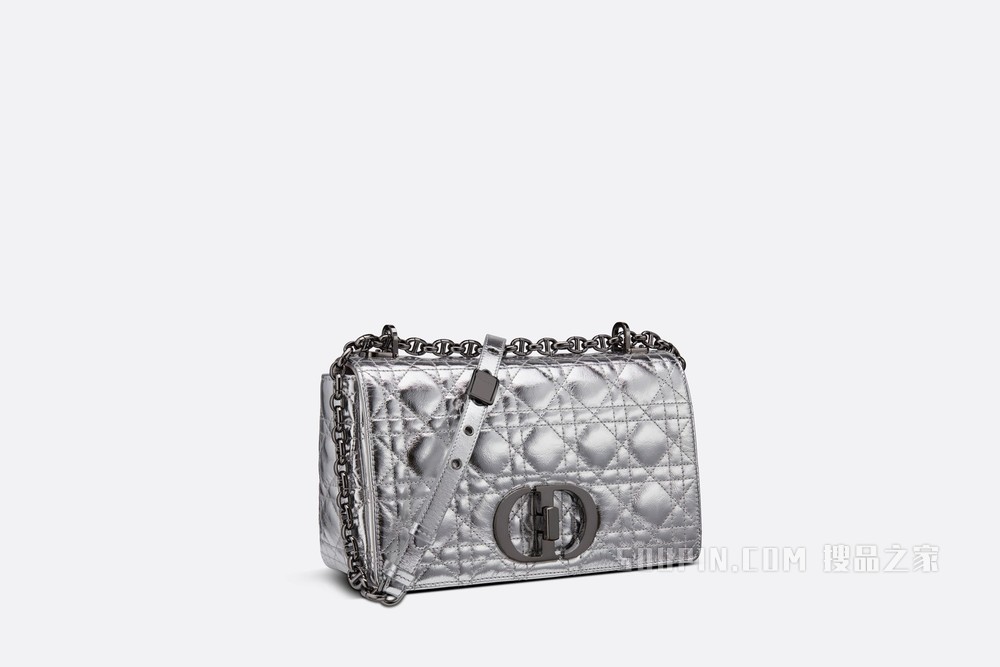 中号 Dior Caro 手袋 银色调褶皱金属光泽牛皮革 Dior Spatial 图案