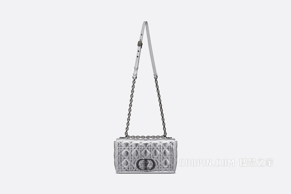 中号 Dior Caro 手袋 银色调褶皱金属光泽牛皮革 Dior Spatial 图案