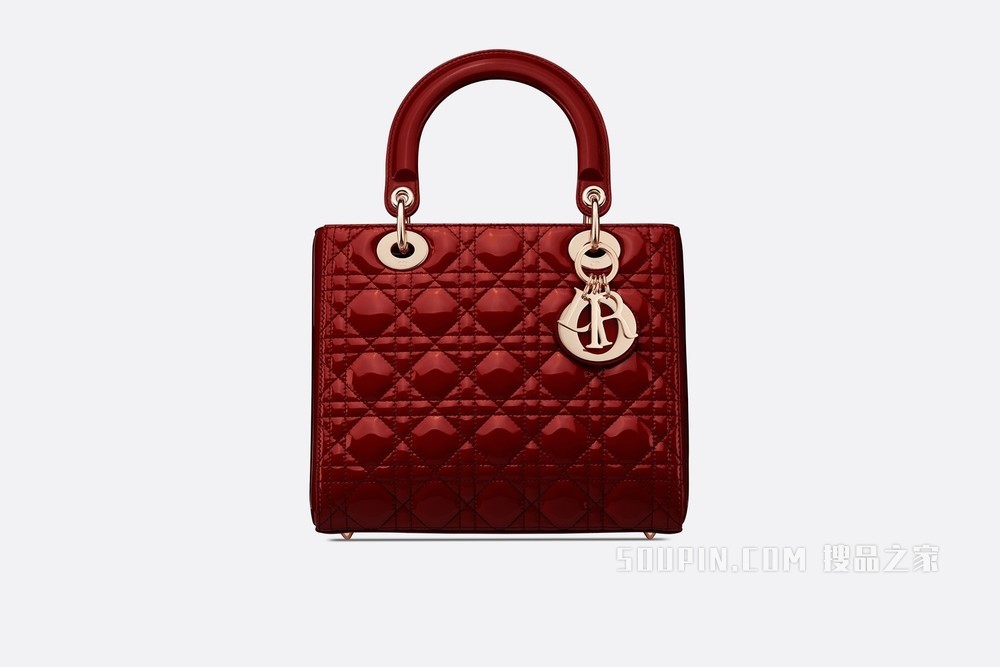 中号 Lady Dior 手袋 樱桃红漆皮牛皮革藤格纹