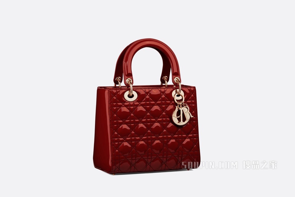 中号 Lady Dior 手袋 樱桃红漆皮牛皮革藤格纹