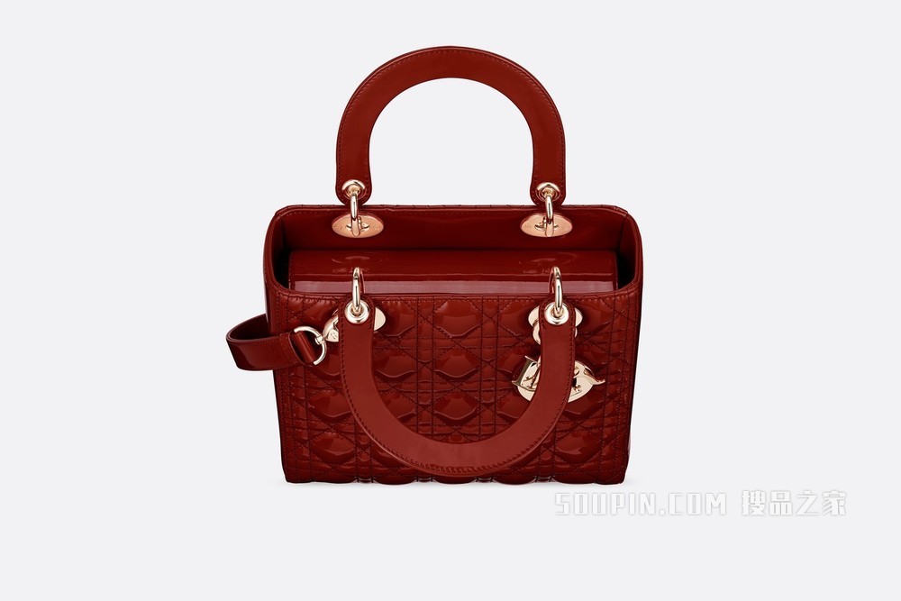 中号 Lady Dior 手袋 樱桃红漆皮牛皮革藤格纹