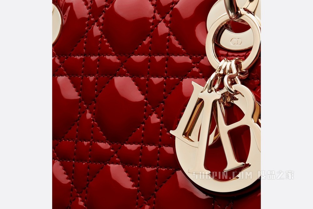 中号 Lady Dior 手袋 樱桃红漆皮牛皮革藤格纹