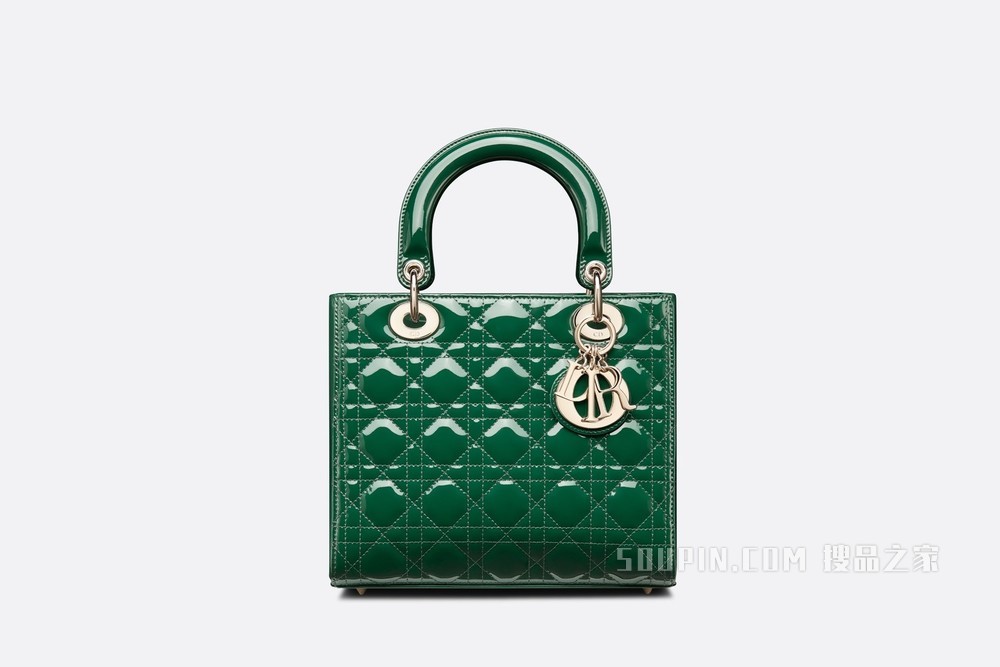 中号 Lady Dior 手袋 松绿色漆皮牛皮革藤格纹