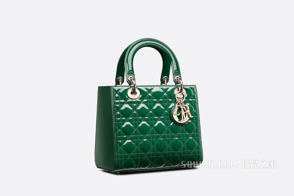 中号 Lady Dior 手袋 松绿色漆皮牛皮革藤格纹