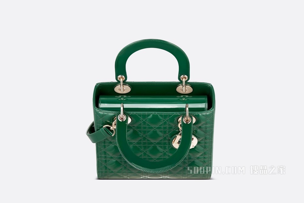 中号 Lady Dior 手袋 松绿色漆皮牛皮革藤格纹