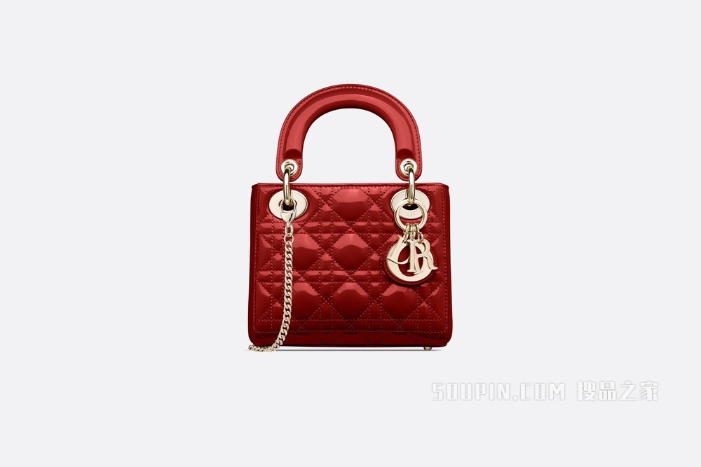 迷你 Lady Dior 手袋 樱桃红漆皮牛皮革藤格纹