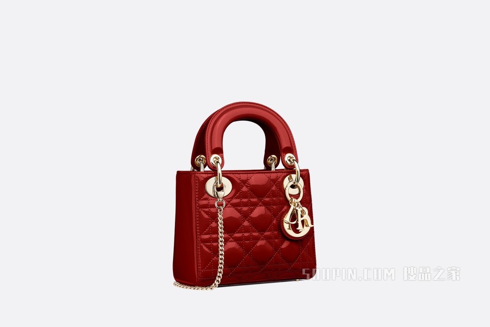迷你 Lady Dior 手袋 樱桃红漆皮牛皮革藤格纹