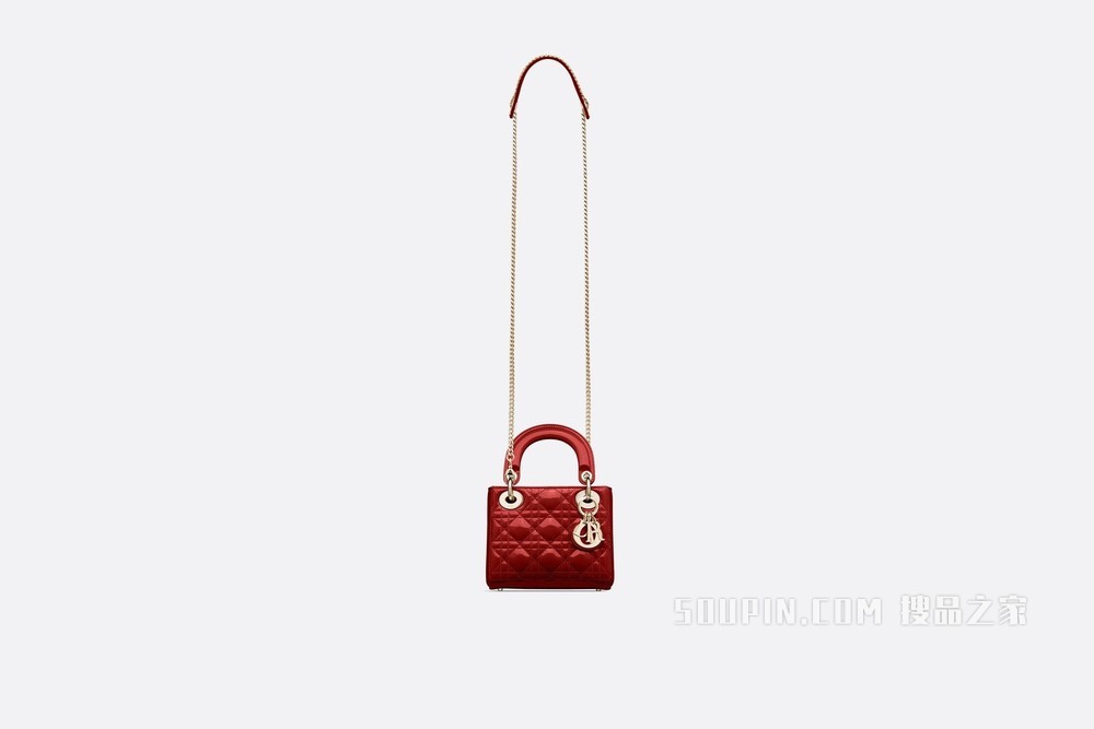 迷你 Lady Dior 手袋 樱桃红漆皮牛皮革藤格纹