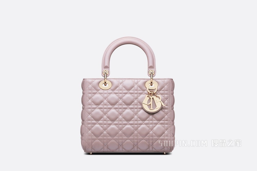 中号 Lady Dior 手袋 荷花粉色羊皮革藤格纹