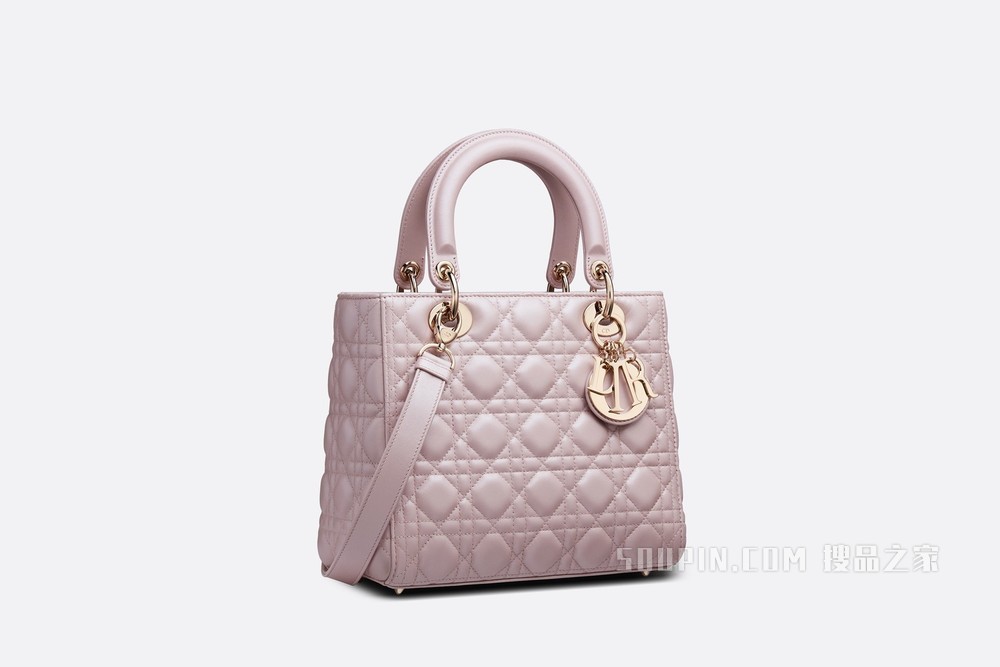 中号 Lady Dior 手袋 荷花粉色羊皮革藤格纹
