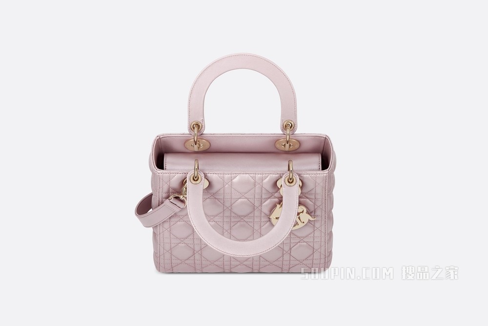 中号 Lady Dior 手袋 荷花粉色羊皮革藤格纹
