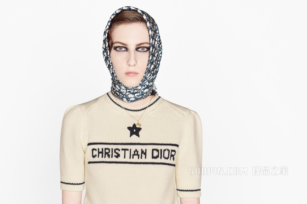 短袖针织衫 米白色羊毛和羊绒混纺针织面料“CHRISTIAN DIOR”标志