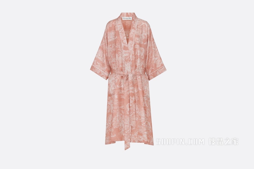Dior Chez Moi 睡袍 玫瑰粉色桑蚕丝斜纹 Reverse 茹伊印花图案