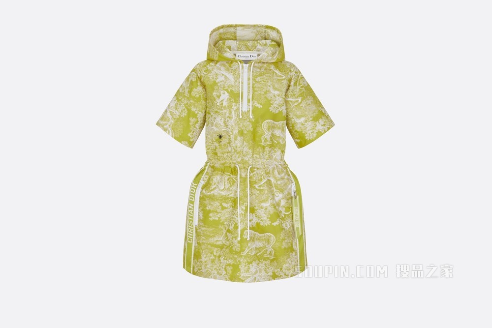 短款连帽连衣裙 绿黄色科技塔夫绸提花面料 Reverse 茹伊印花