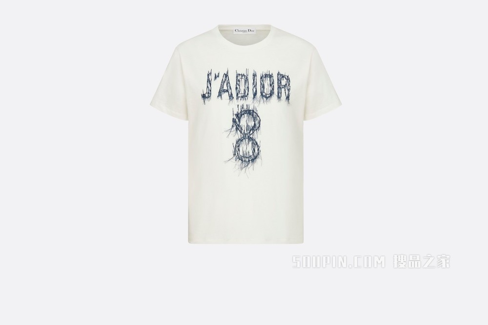 T 恤 白色棉质和亚麻混纺平纹针织面料正面海军蓝色“J'Adior 8”标志