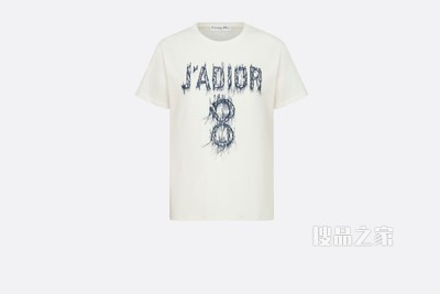 T 恤 白色棉质和亚麻混纺平纹针织面料正面海军蓝色“J'Adior 8”标志