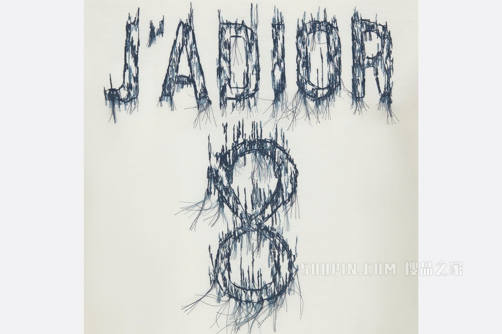T 恤 白色棉质和亚麻混纺平纹针织面料正面海军蓝色“J'Adior 8”标志