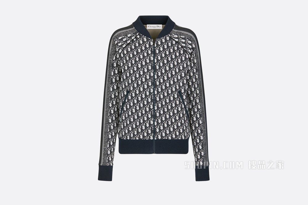 拉链夹克 海军蓝色科技平纹针织面料 Oblique 印花