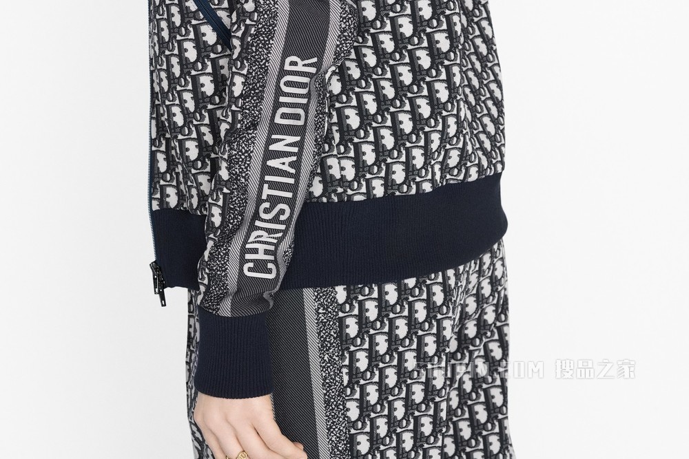 拉链夹克 海军蓝色科技平纹针织面料 Oblique 印花