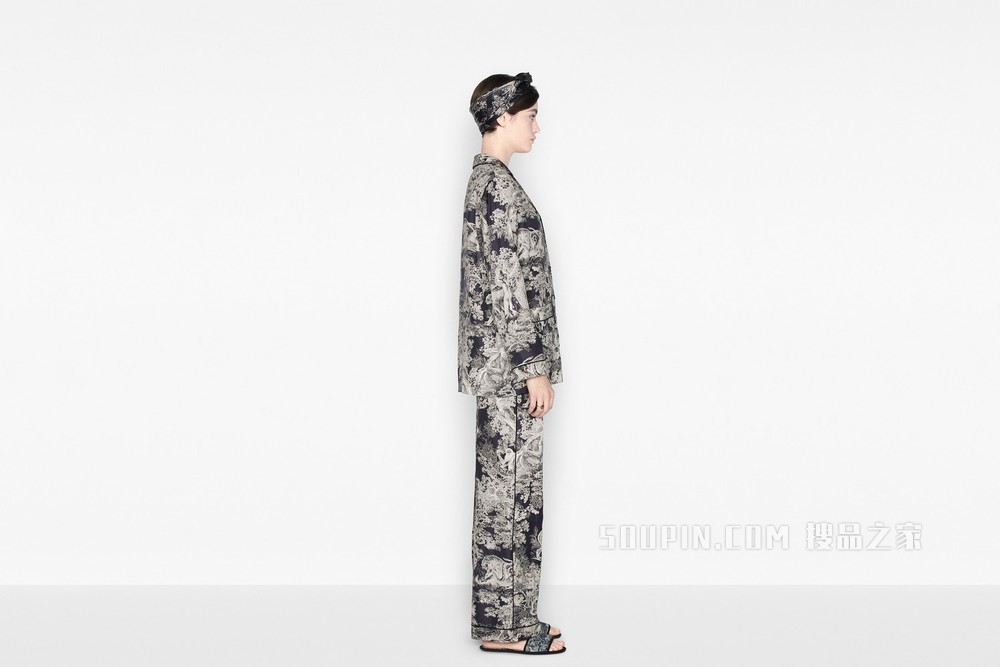 Dior Chez Moi 长裤 海军蓝色桑蚕丝斜纹面料 Reverse 茹伊印花