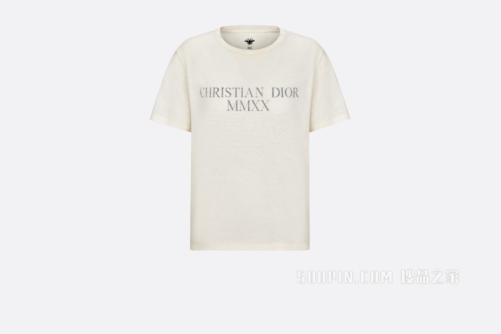 T 恤 米白色棉质和亚麻混纺平纹针织“CHRISTIAN DIOR 2020 TOGETHER APART”字样
