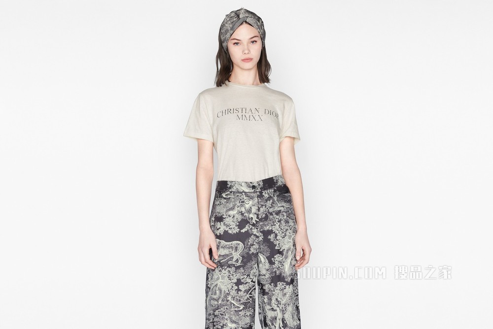 T 恤 米白色棉质和亚麻混纺平纹针织“CHRISTIAN DIOR 2020 TOGETHER APART”字样