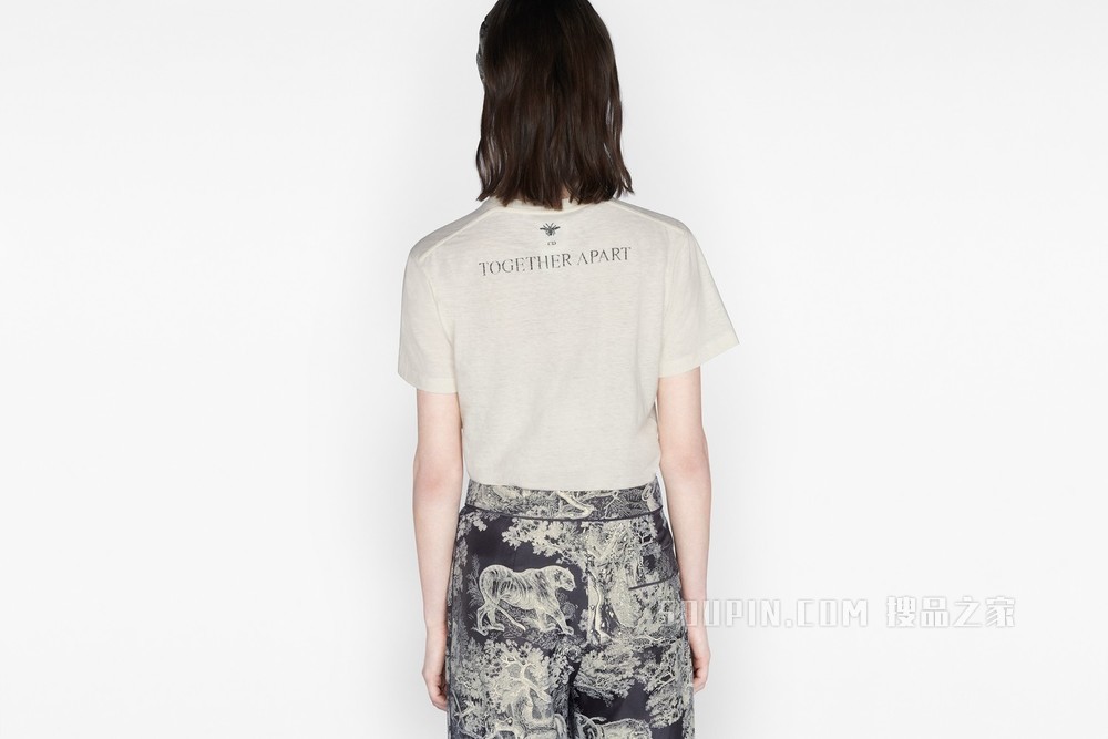 T 恤 米白色棉质和亚麻混纺平纹针织“CHRISTIAN DIOR 2020 TOGETHER APART”字样