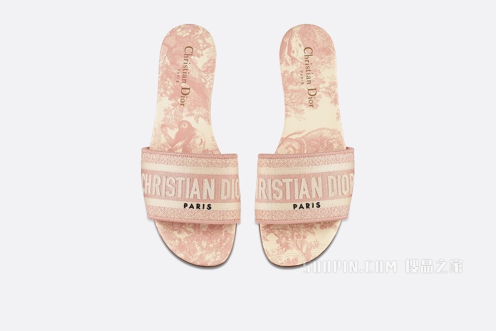 Dway 棉质凉拖 淡粉色和米白色茹伊印花刺绣