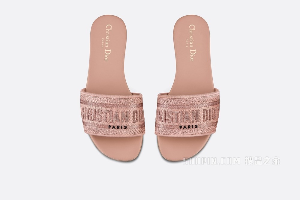 棉质凉拖 玫瑰粉色棉质面料金属光泽线刺绣