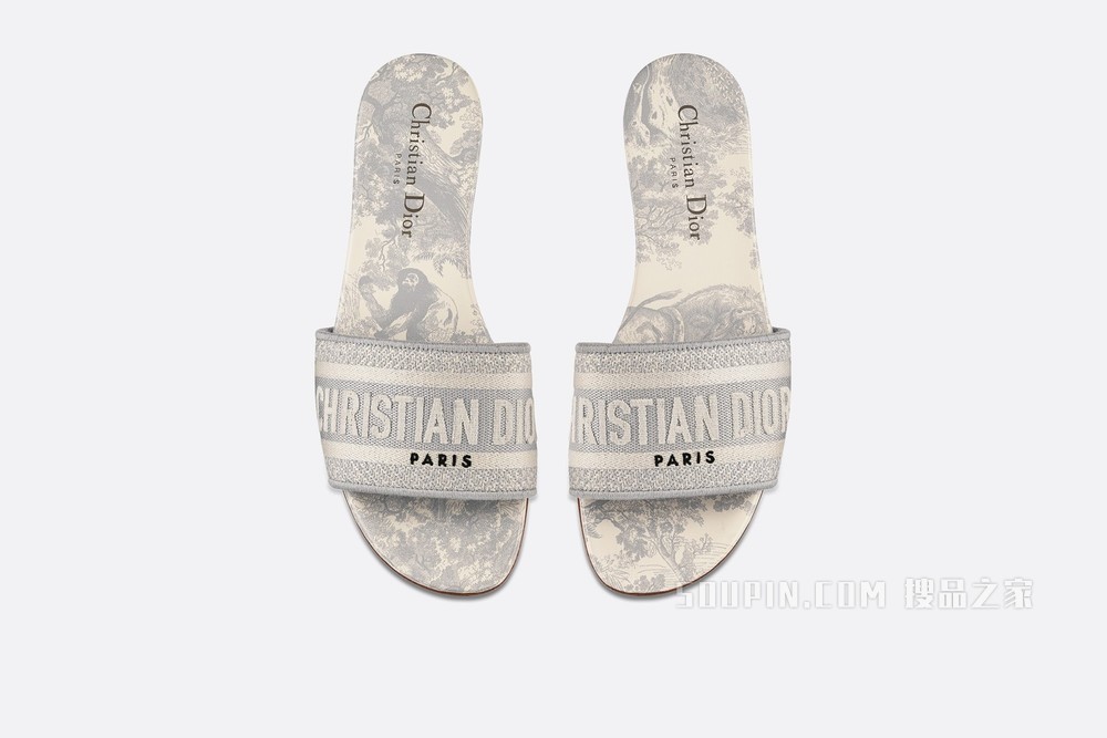 凉拖 灰色和淡褐色棉质茹伊印花刺绣