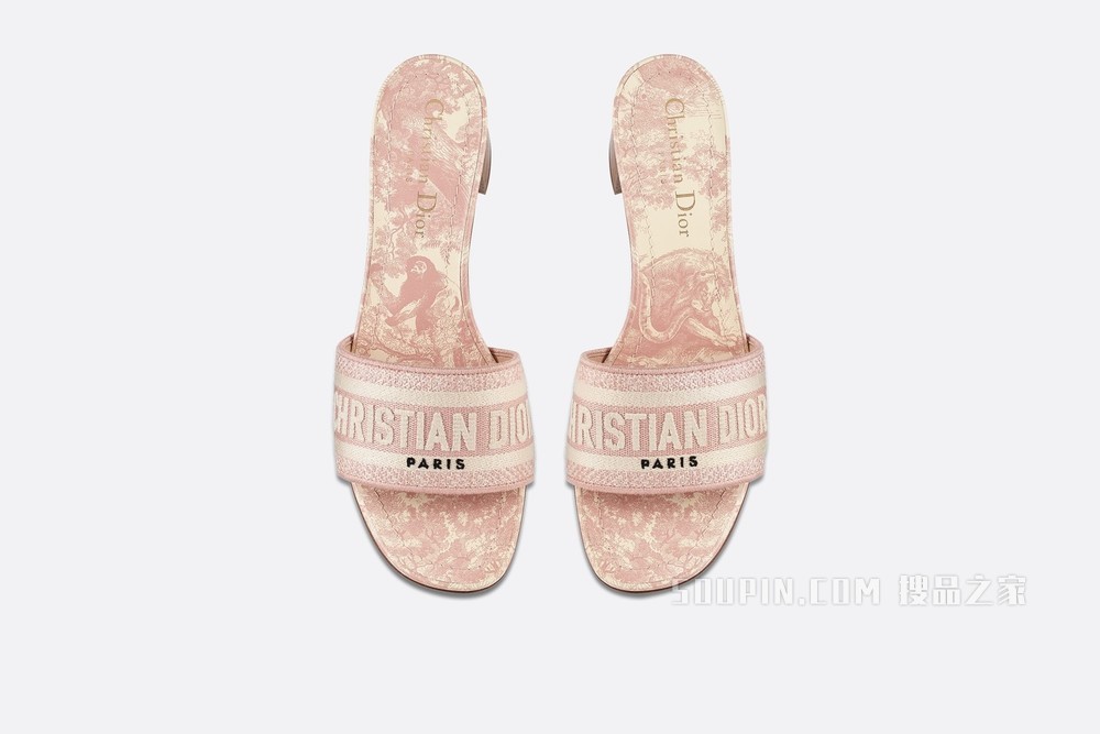 Dway 棉质带跟凉拖 淡粉色和米白色茹伊印花刺绣