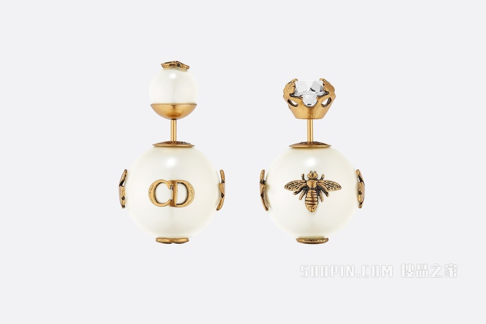 Dior Tribales 耳环 复古金色饰面金属搭配白色树脂珠饰和白色仿水晶装饰