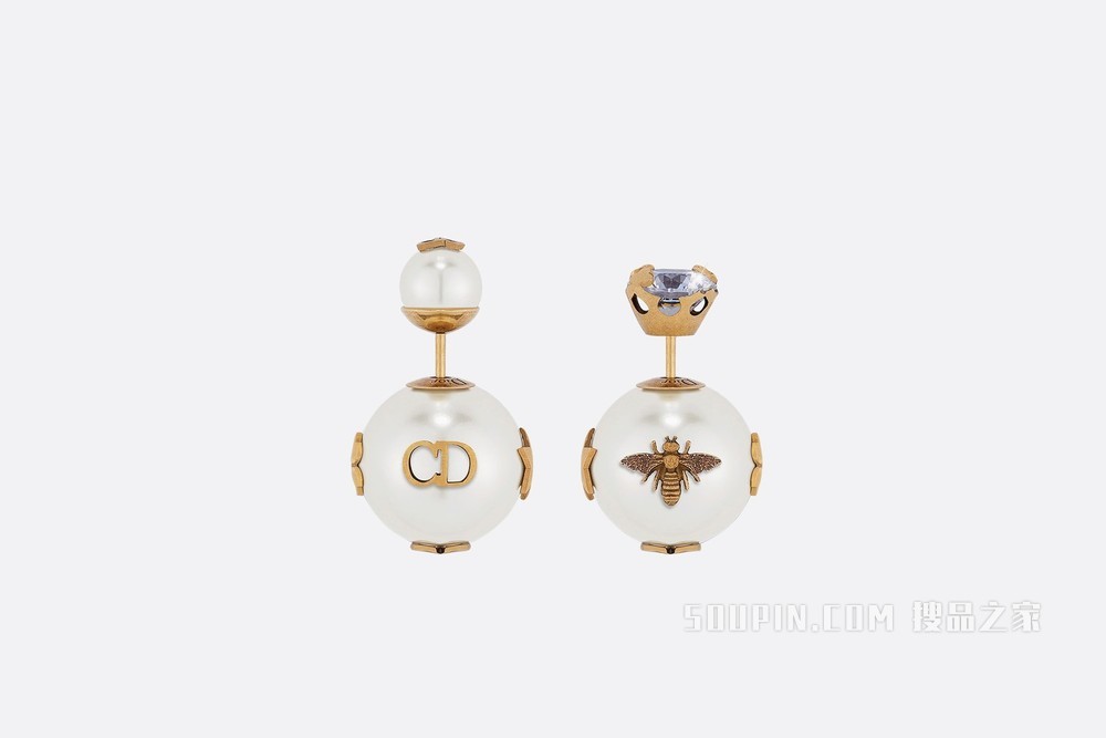 Dior Tribales 耳环 复古金色饰面金属搭配白色树脂珠饰和白色仿水晶装饰