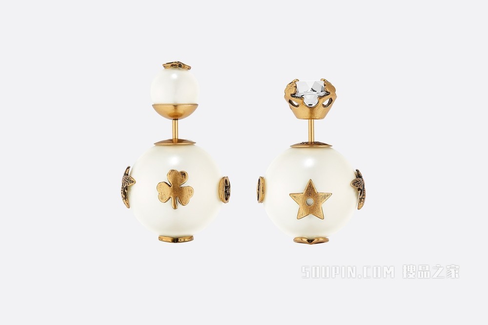 Dior Tribales 耳环 复古金色饰面金属搭配白色树脂珠饰和白色仿水晶装饰