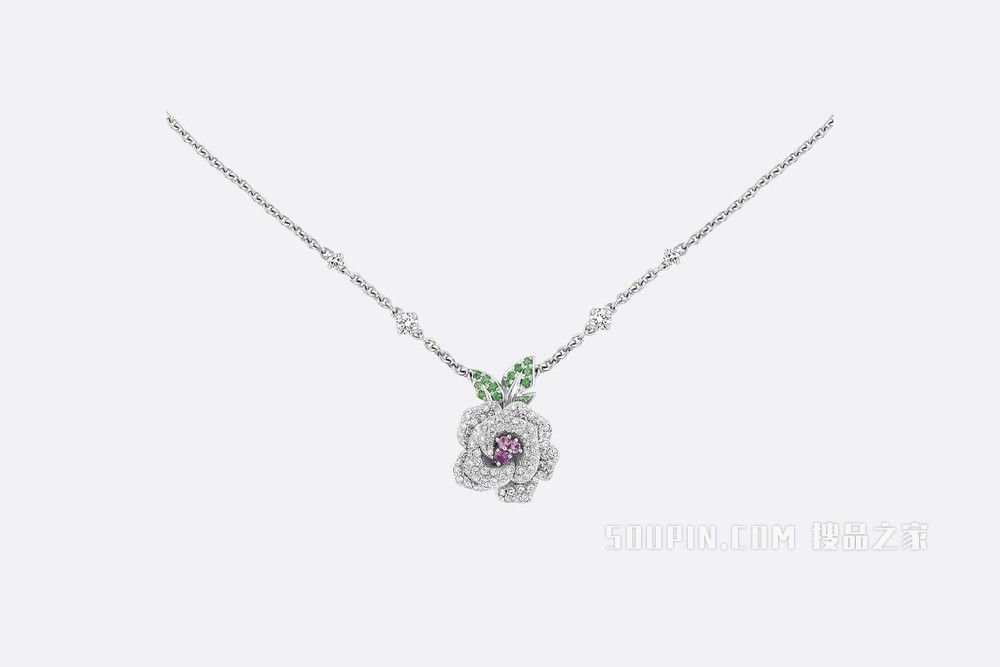 中号 Rose Dior Bagatelle 项链 白色 18K 金、钻石、沙弗莱石和粉色蓝宝石装饰