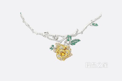 Rose Dior Bagatelle 项链 白色 18K 金、钻石、黄色钻石和祖母绿装饰