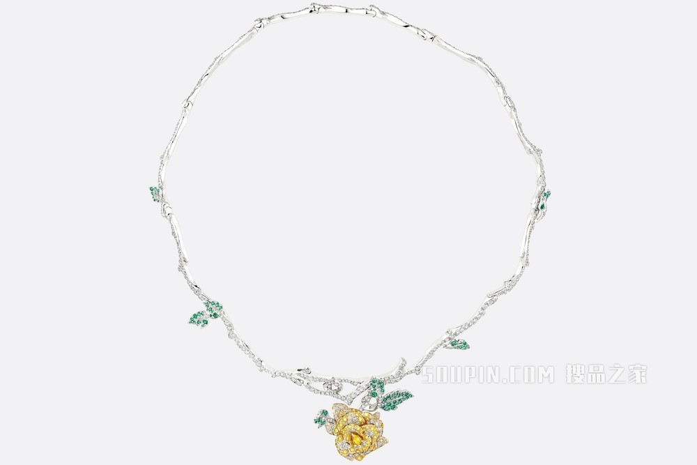 Rose Dior Bagatelle 项链 白色 18K 金、钻石、黄色钻石和祖母绿装饰