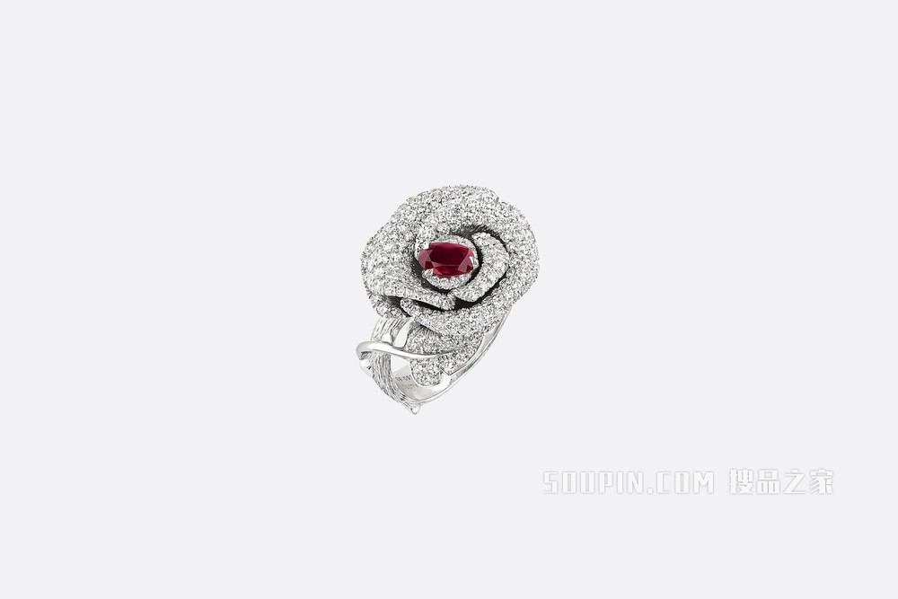中号 Rose Dior Bagatelle 戒指 白色 18K 金、钻石和红宝石装饰