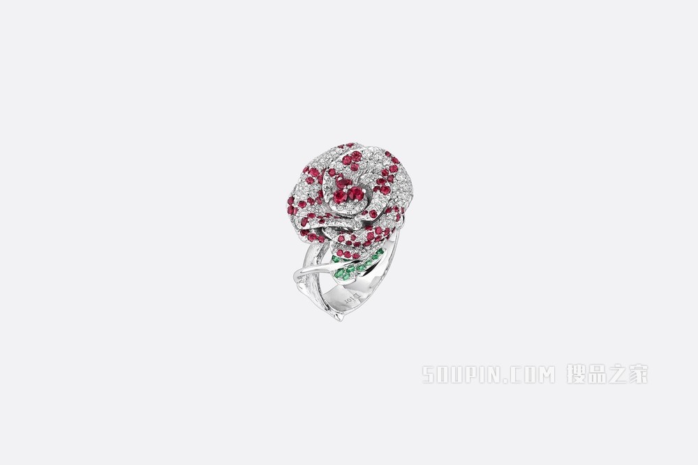 中号 Rose Dior Bagatelle 戒指 白色 18K 金、钻石、红宝石和祖母绿装饰