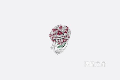 中号 Rose Dior Bagatelle 戒指 白色 18K 金、钻石、红宝石和祖母绿装饰