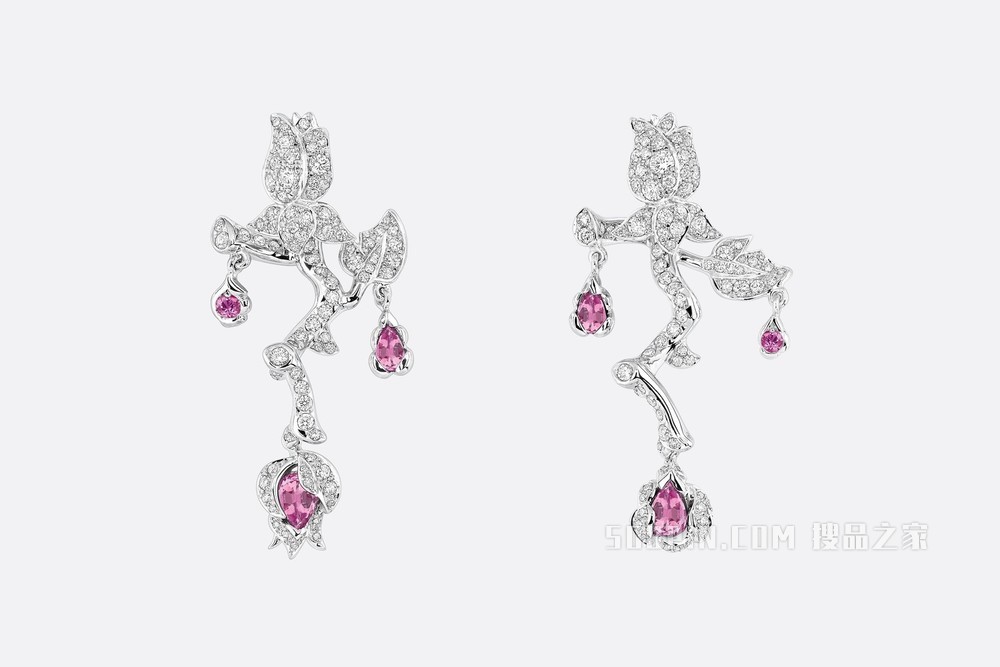 大号 Rose Dior Bagatelle 耳环 白色 18K 金、钻石和粉色蓝宝石装饰