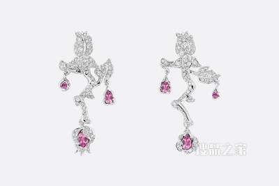 大号 Rose Dior Bagatelle 耳环 白色 18K 金、钻石和粉色蓝宝石装饰