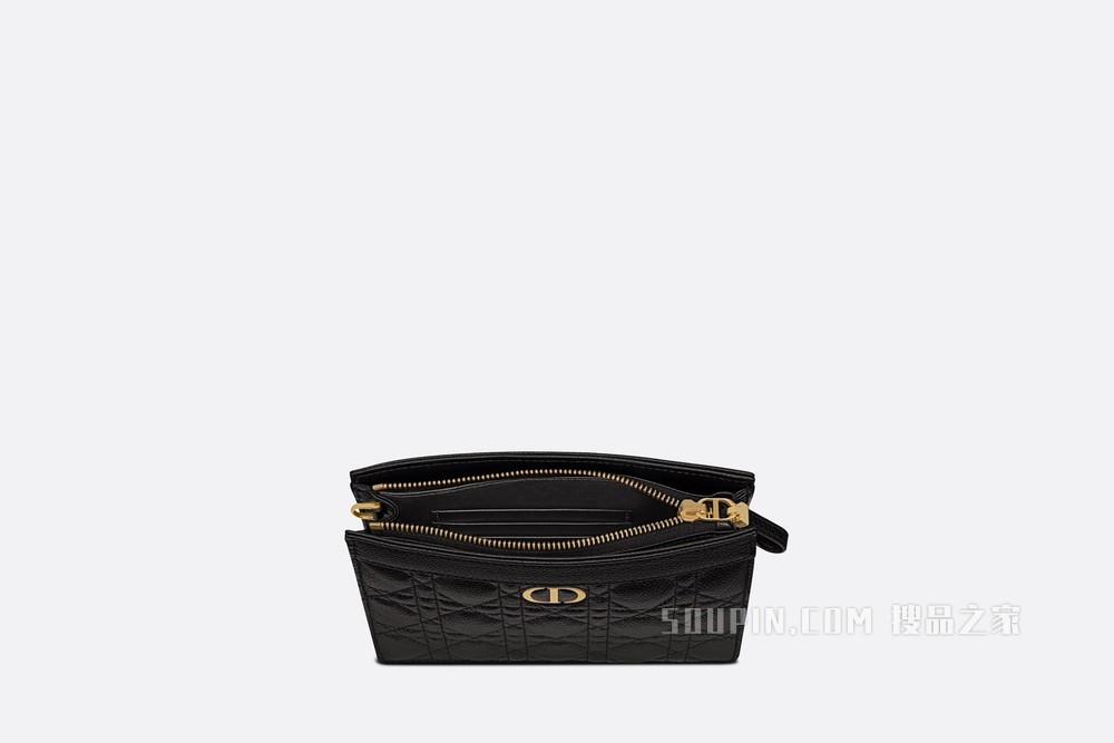 Dior Caro 拉链手拿包 黑色柔软牛皮革藤格纹搭配链条
