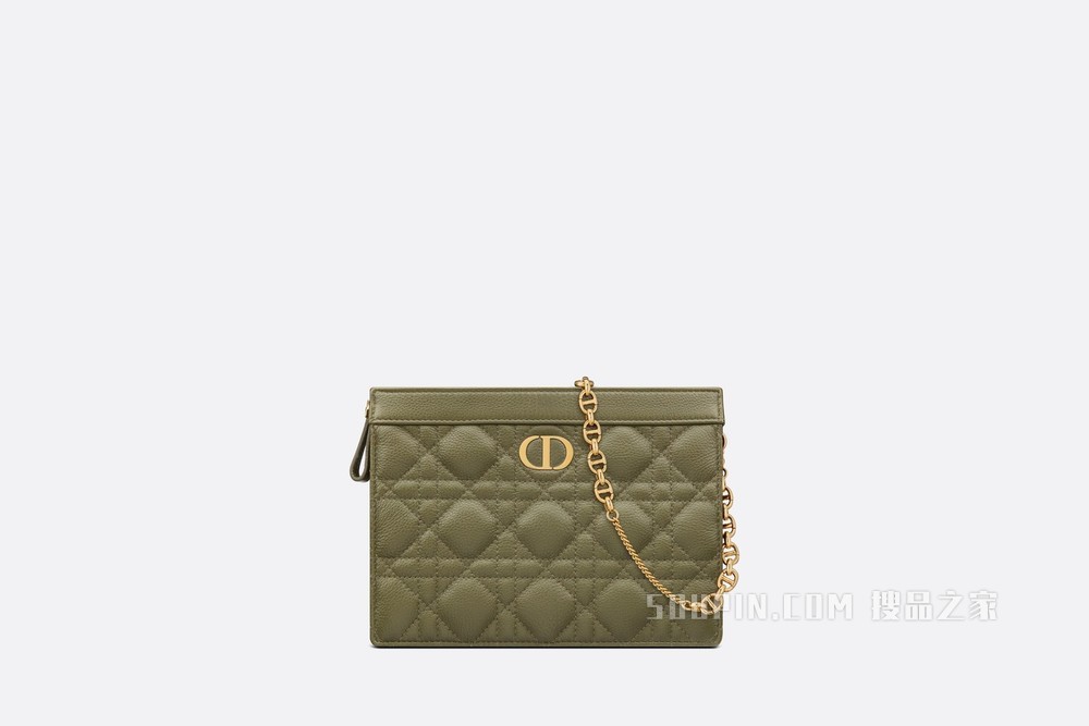 Dior Caro 拉链手拿包 松柏绿色柔软牛皮革藤格纹搭配链条