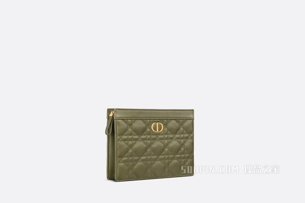 Dior Caro 拉链手拿包 松柏绿色柔软牛皮革藤格纹搭配链条