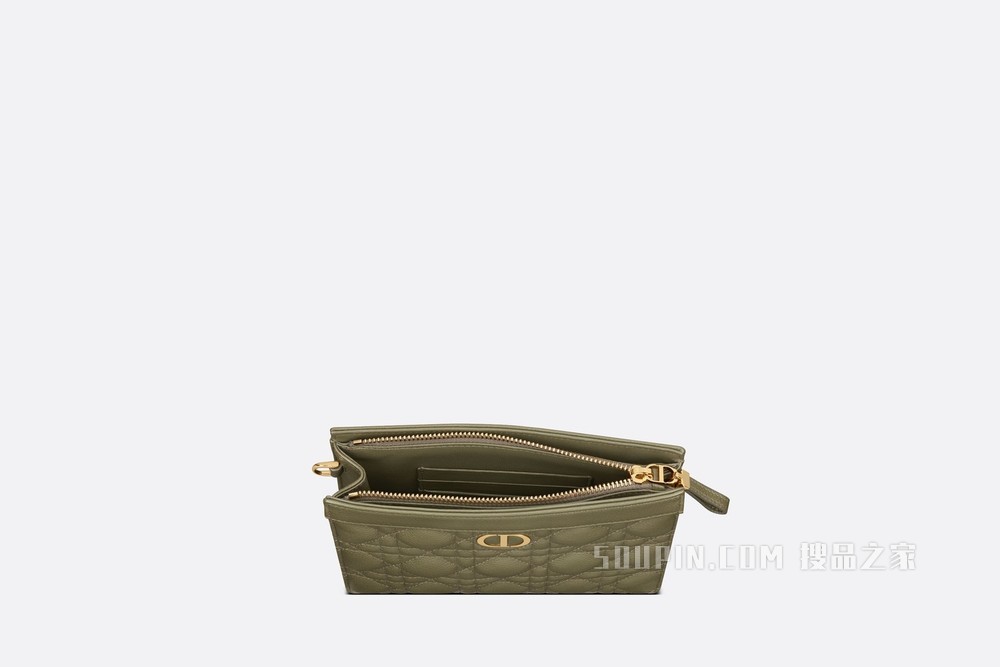 Dior Caro 拉链手拿包 松柏绿色柔软牛皮革藤格纹搭配链条